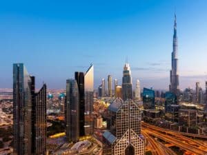 The view of Dubai skyline with Burj Khalifa at sunset, UAE.