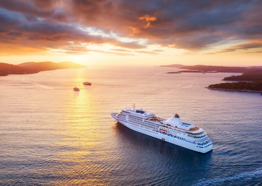 View on cruise liner during sundown on the Croatia. View from the air