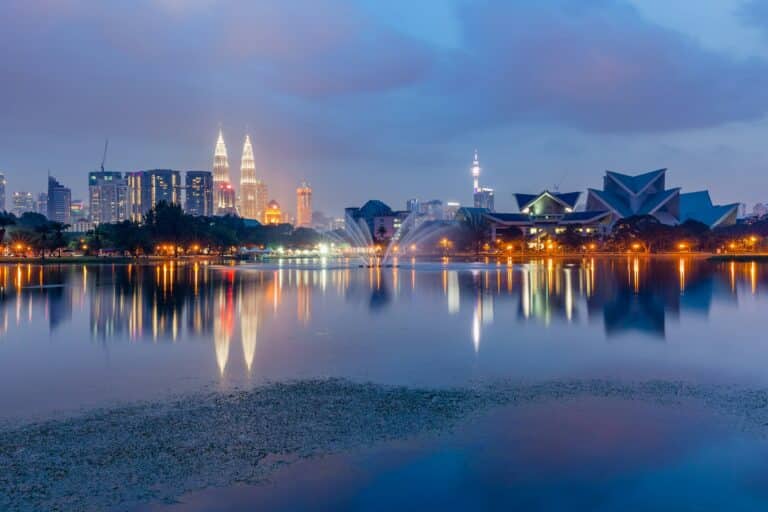 Kuala Lumpur skyline at night as seen from Titiwangsa Lakes, Kuala Lumpur, Malaysia.