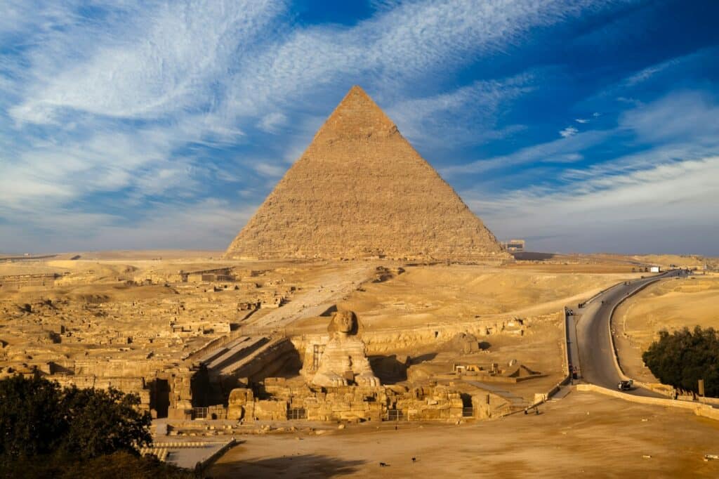 Sunset view of Pyramid complex of Giza, in Cairo, Egypt