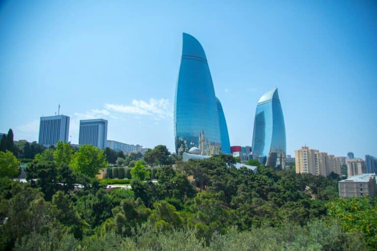 View of Flame Towers from seafront near Milli Park